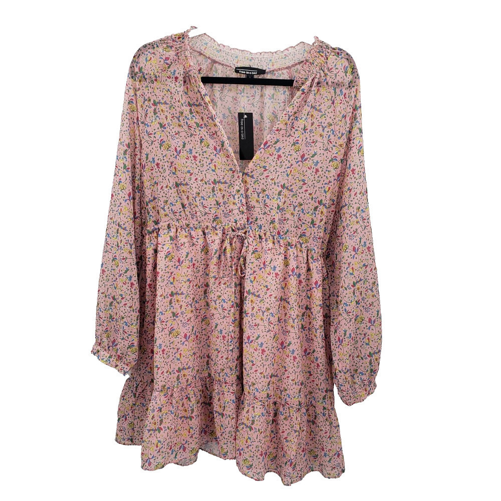 Free As A Bird Pink Floral Babydoll Dress Womens Size Large Long Sleeve V Neck